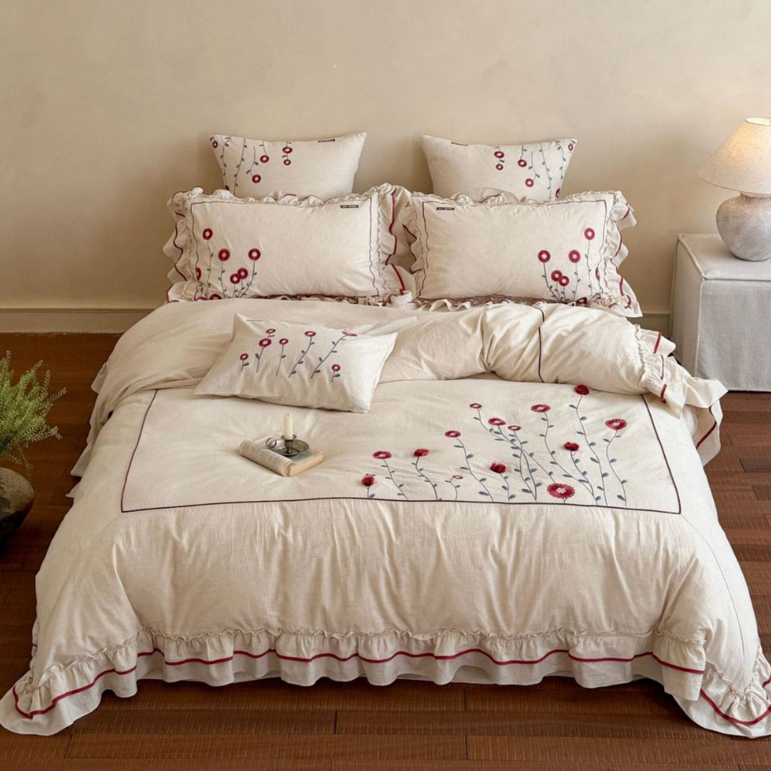 Bettwäsche-Set aus Baumwolle mit floraler Stickerei und verspieltem Rüschensaum