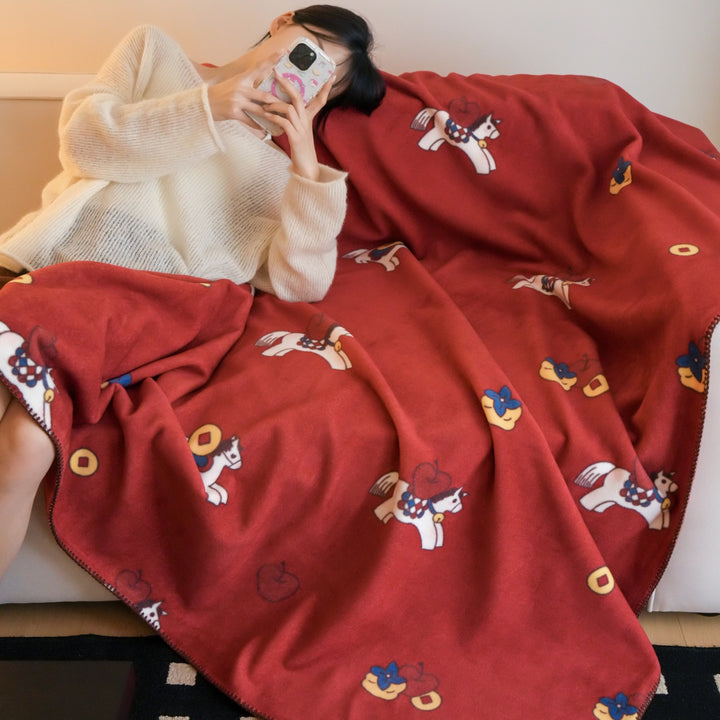 Kuscheldecke mit Pferdeillustration, extraweiche Mikrofaser und gestreiftem Rand