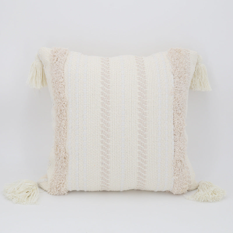 Quadratischer Boho-Kissenbezug mit handgewebter Struktur, Chenille‑Bordüren und Eckquasten Karnz