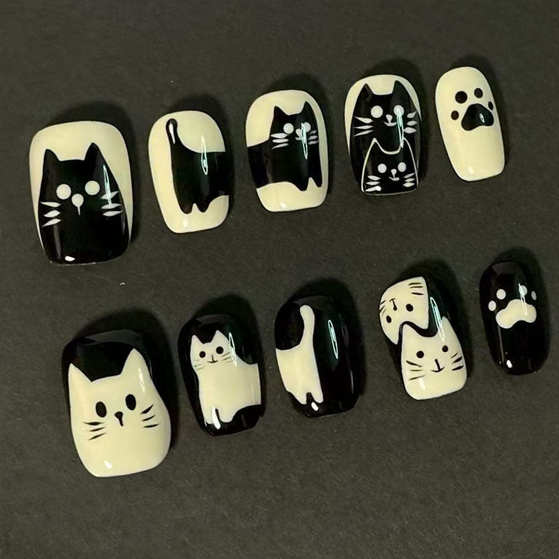 Verspielt katzenmotivierte Press-On Nagelkunst Karnz