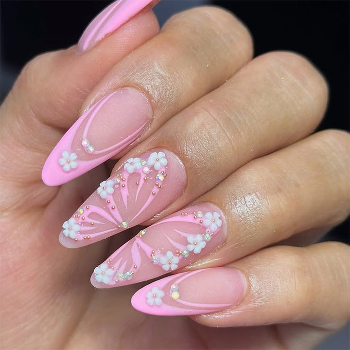 Dekoratives Press-On Nagelkunst-Set mit Schmuckstein- und Blumenakzenten Karnz