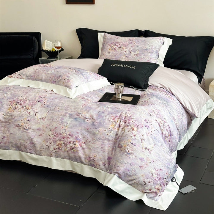 Umkehrbare Wasserfarben Blumen Sateen Bettbezug Set mit Satinbesatz
