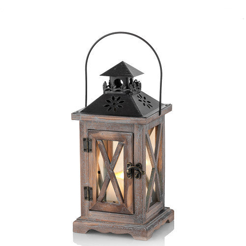 Rustikale Vintage-Holz-Glas-gemusterte dekorative Kerzenlaterne mit Metalloberseite und Traggriff Karnz