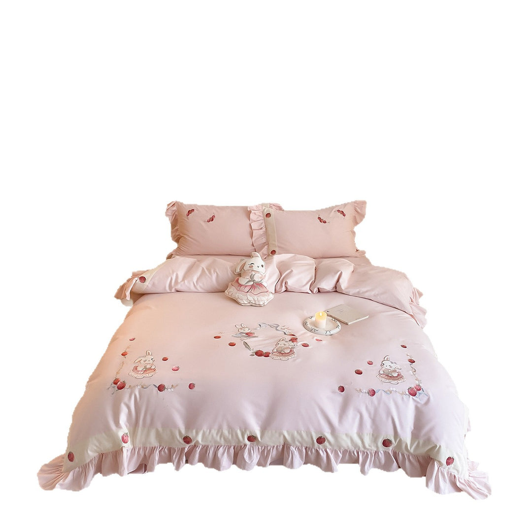 Rüschengesticktes Bunny Baumwollsatin Bettbezug Set mit Kissenbezügen