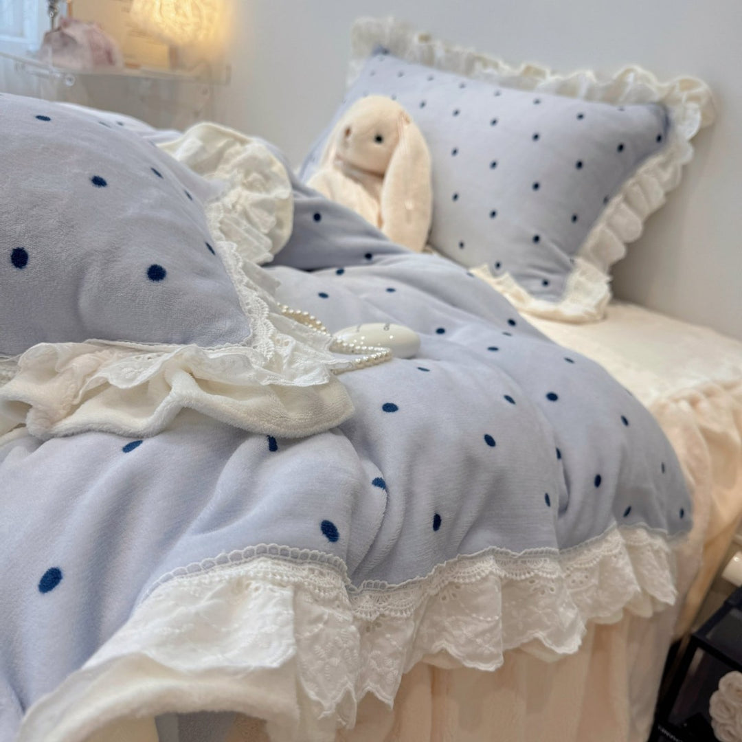 Vintage Cottage Polka-Dot Rüschenspitze Bettdeckenbezug & Kissenbezug Ensemble