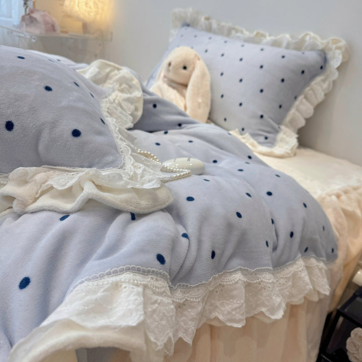 Vintage Cottage Polka-Dot Rüschenspitze Bettdeckenbezug & Kissenbezug Ensemble