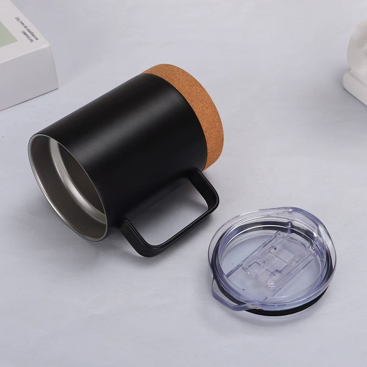 Damen eleganter Kaffeebecher mit Korkboden und durchsichtigen Deckel Karnz