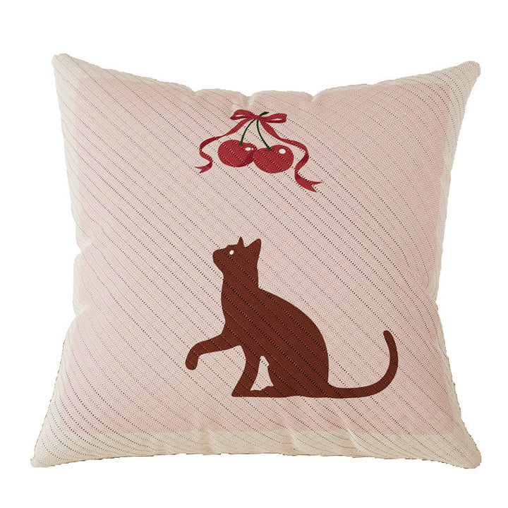 Square Cotton-Linen Throw Pillow Cover with Whimsical Cat Silhouette and Festive Cherry Ribbon Print