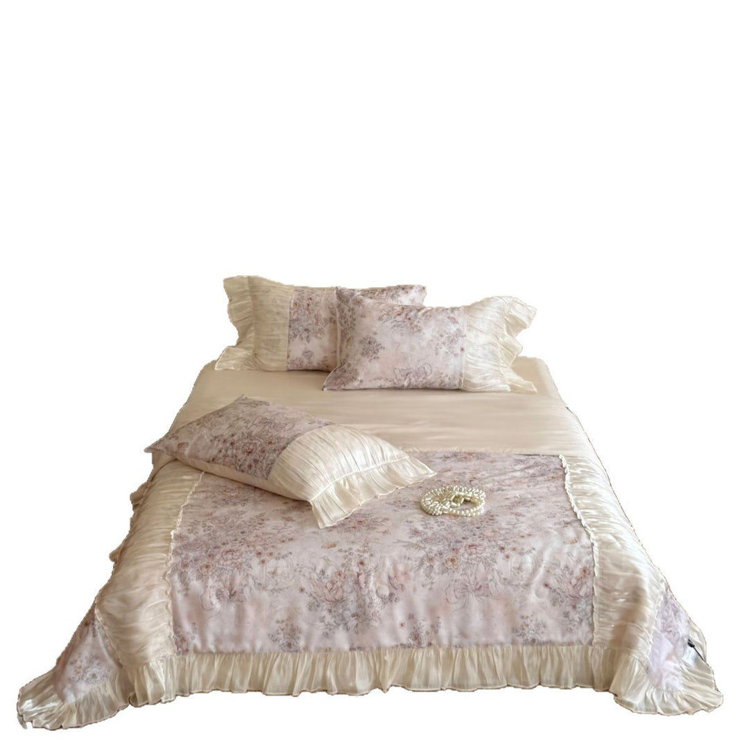 Satin-Bettwäschegarnitur im Vintage-Look mit Volant und floralem Jacquard Karnz