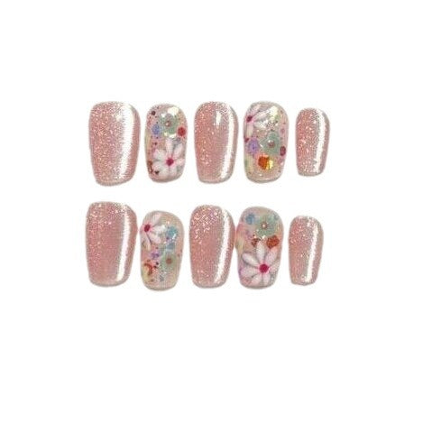 Blumen- und Glitzer-Dekorative Press-On Nagelset
