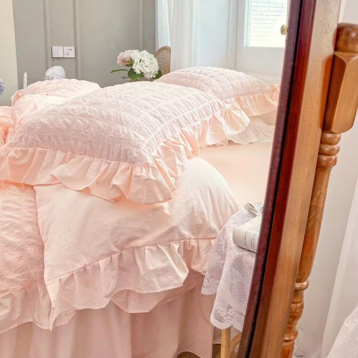 Luxuriöses Crinkle-Bettwäscheset mit Volant und gewaschenem Baumwoll‑Leinenmix