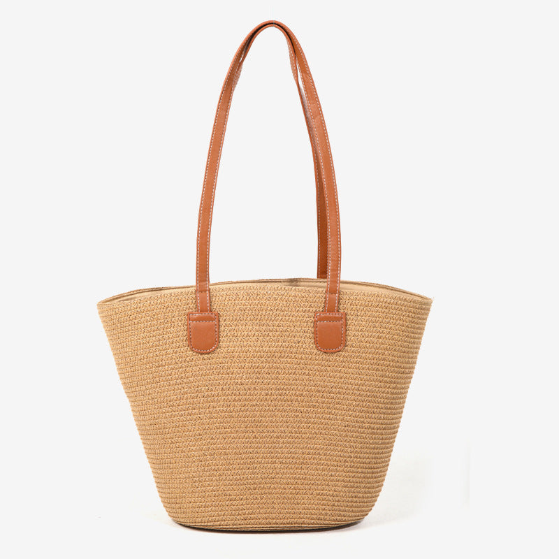 Damen elegante Strohtasche mit stilvollen Ledergriffen Karnz