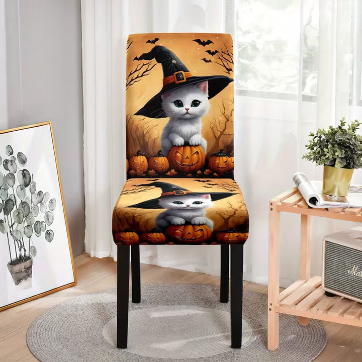 Elastische Stuhlhusse mit Halloween-Schloss und Hexenmotiv, dehnbarer Stuhlbezug für Rückenlehne und Sitz