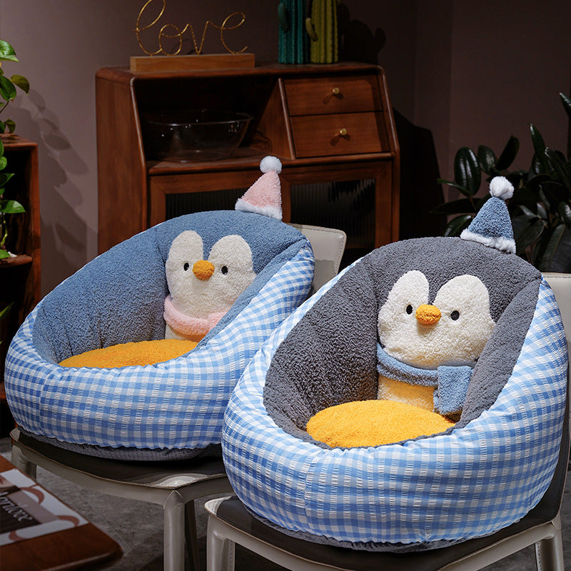 Gemütliches Haustierbett mit Plüsch-Pinguin-Rückenstütze und ergonomischem Kuschelkissen