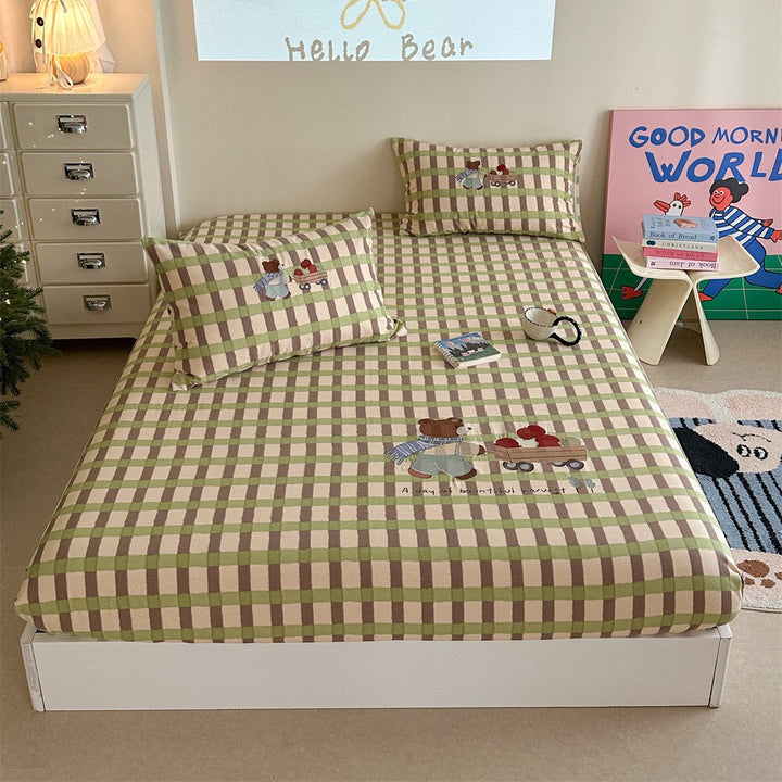 Gingham-Check-Baumwoll-Spannbettlaken und Kissenbezug Bettwaren-Set mit gesticktem Teddy