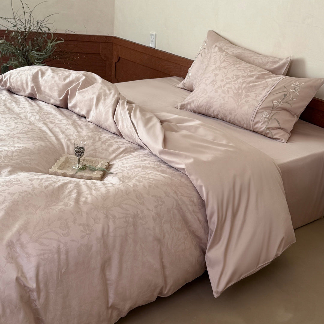 Jacquard Satin Botanisches Bettdeckenbezug-Set mit Umschlagkissenbezügen
