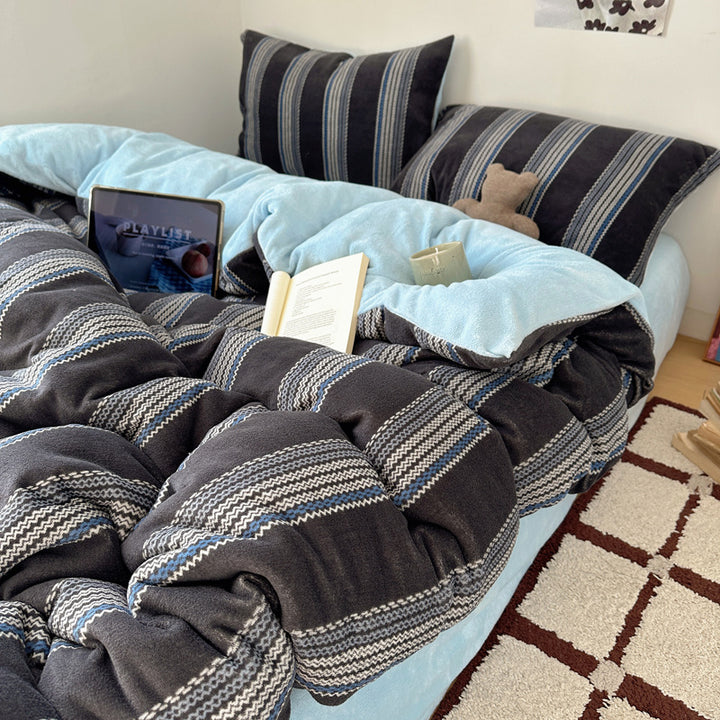Premium Weiche Gestreifte Fleece Bettwäsche Set