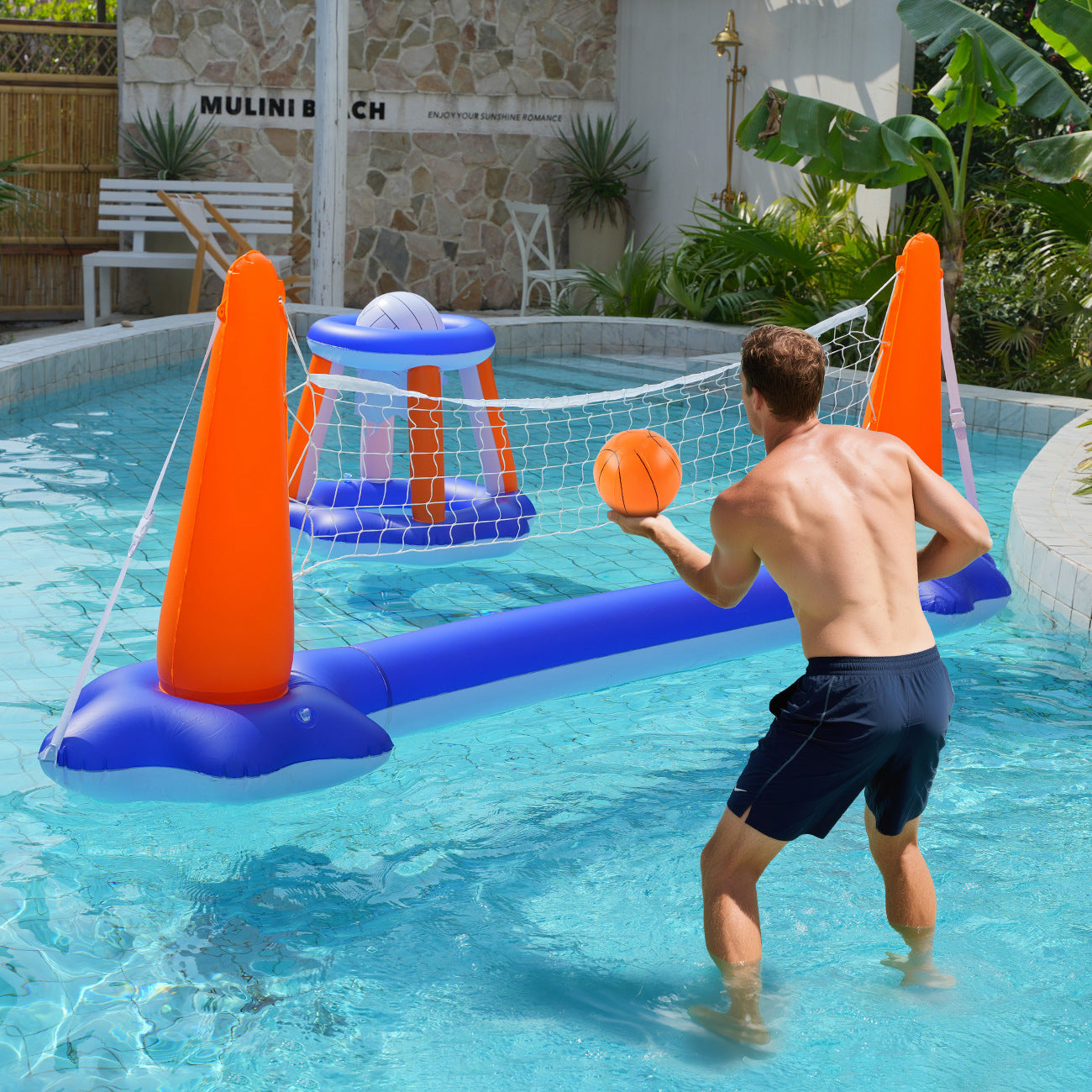 Unisex Aufblasbares Wasser-Spielset mit Volleyball- und Basketballnetz Karnz