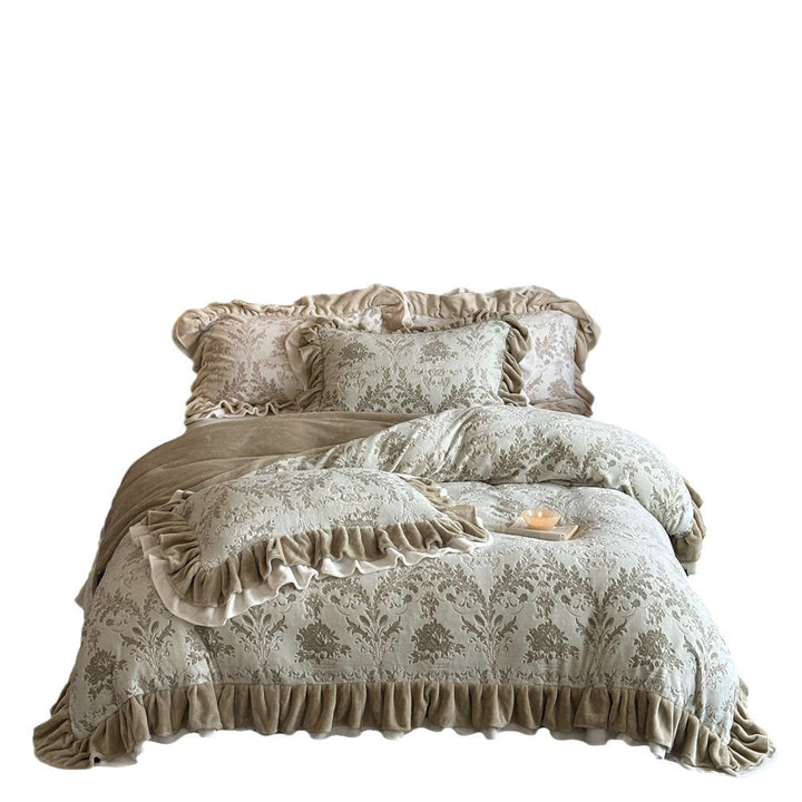 Rüschensamtbesatz Jacquard Damast Bettbezug Set