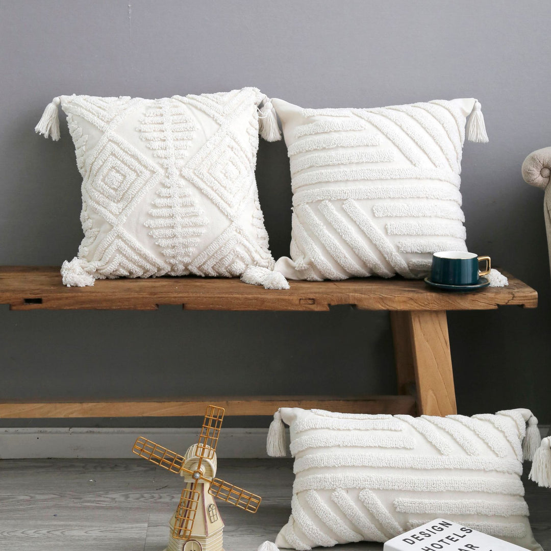 Boho Texturiertes Gestuftes Baumwoll-Wurfkissen mit Diamant-geometrischen Tufting und Eck-Tasseln