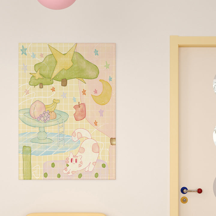 Pastel Grid Illustration Wall Tapestry for Kids Room Decor