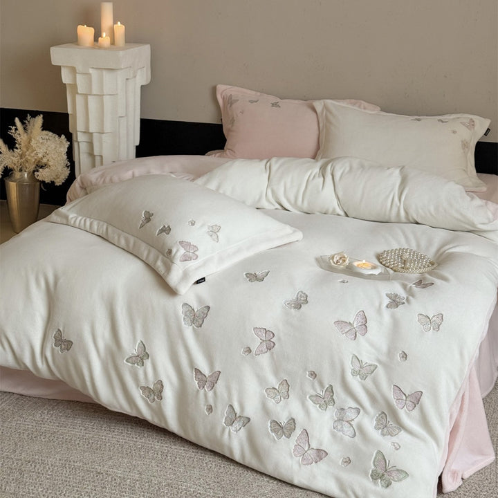 Bestickte Schmetterling Plüsch Mikrofaser Bettbezug Set