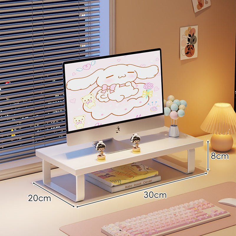 Kompakte Holz-Desktop-Monitorerhöhung mit Metallbeinen und unterer Ablagefläche