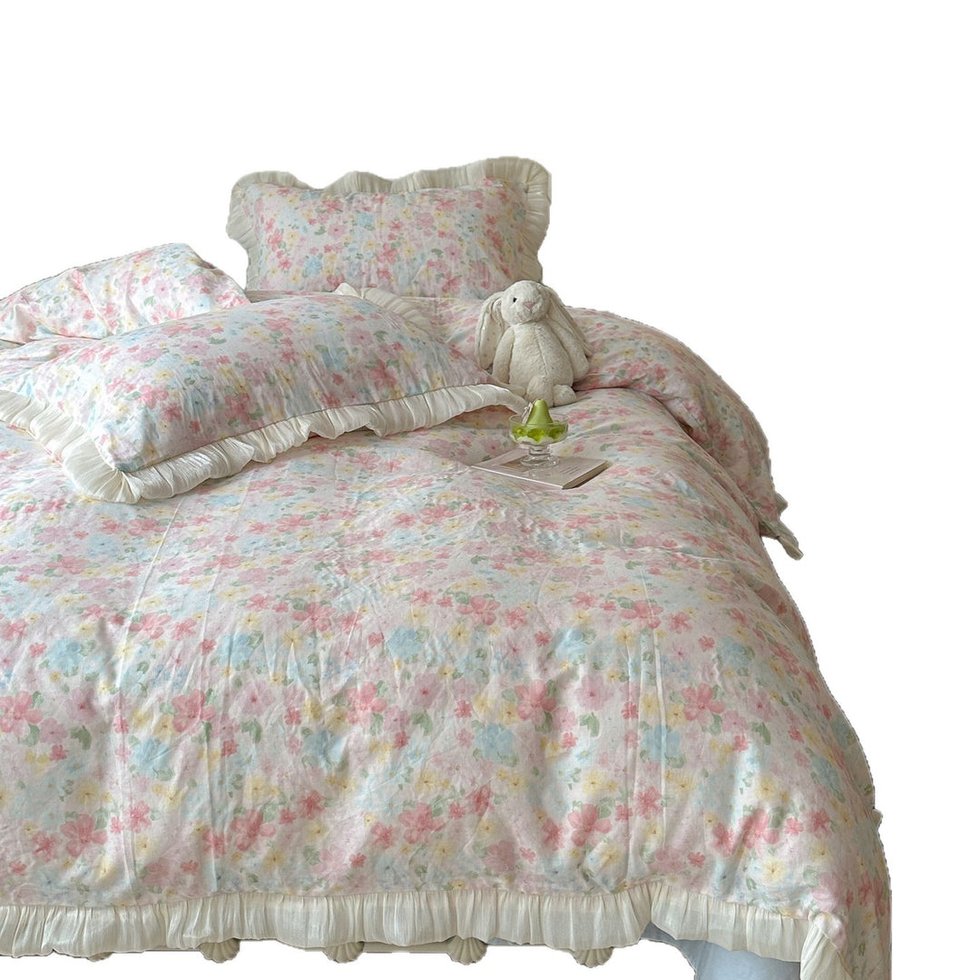 Pastellblumen Rüsch Baumwollsatin Bettbezug und Kissenbezug Set