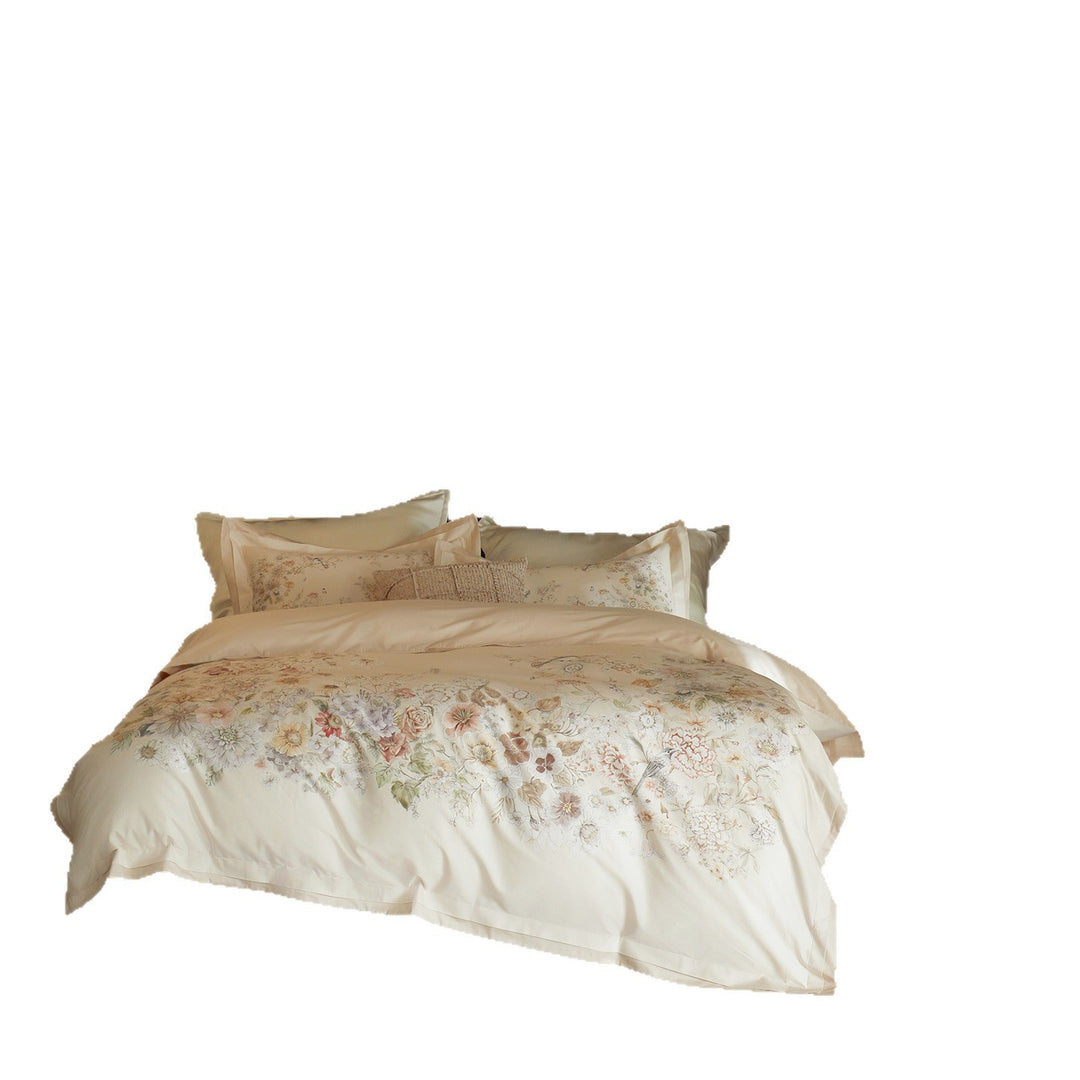 Florales Medaillon Baumwollsatin Bettbezug Set mit gestickten Kissenbezügen