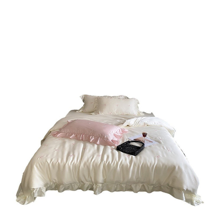 Satin-Feel Besticktes Schleifen-Rüschende Bettdeckenbezug-Set mit Kissenbezügen