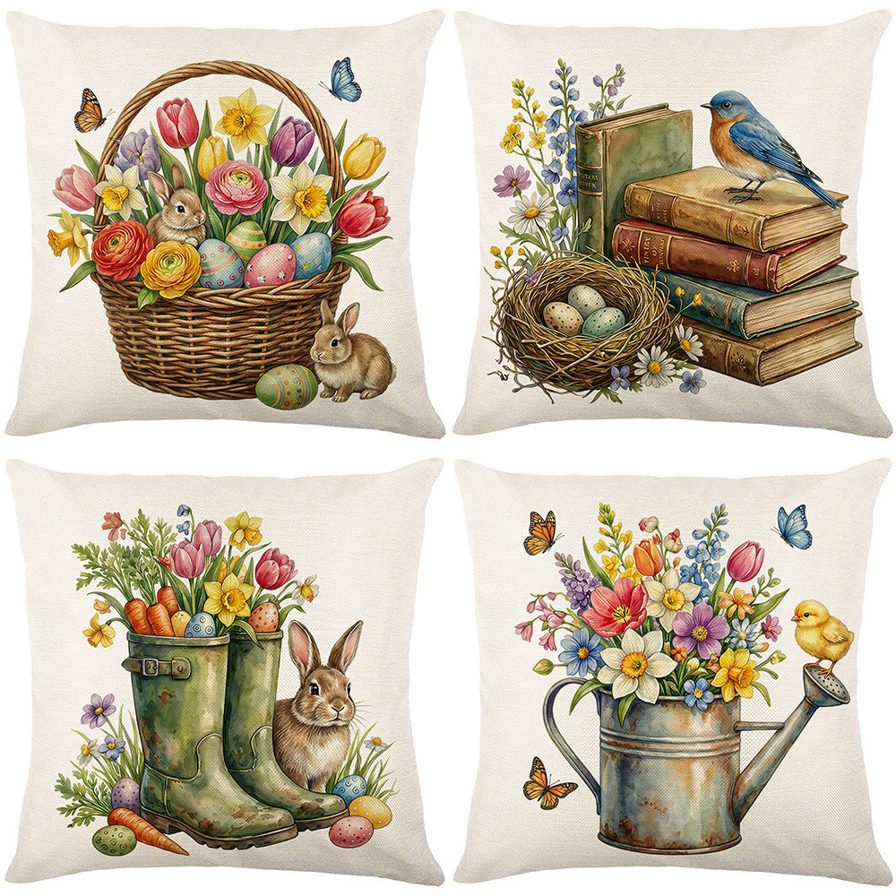 Oster Garten Aquarell Hase Stiefel Illustriert Leinen-Textur Quadrat Wurfkissenbezug
