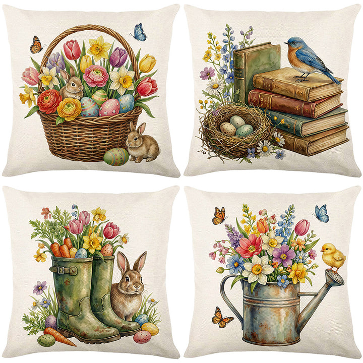 Oster Garten Aquarell Hase Stiefel Illustriert Leinen-Textur Quadrat Wurfkissenbezug