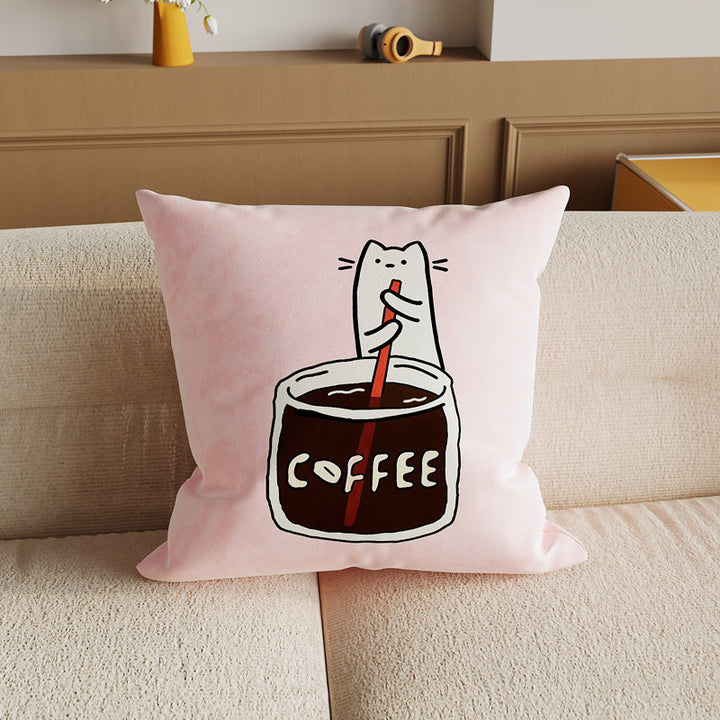 Square Decorative Pillow Cover with Cute Cat Stirring Coffee Illustration Soft Plush Removable Cushion Cover Hidden Zipper