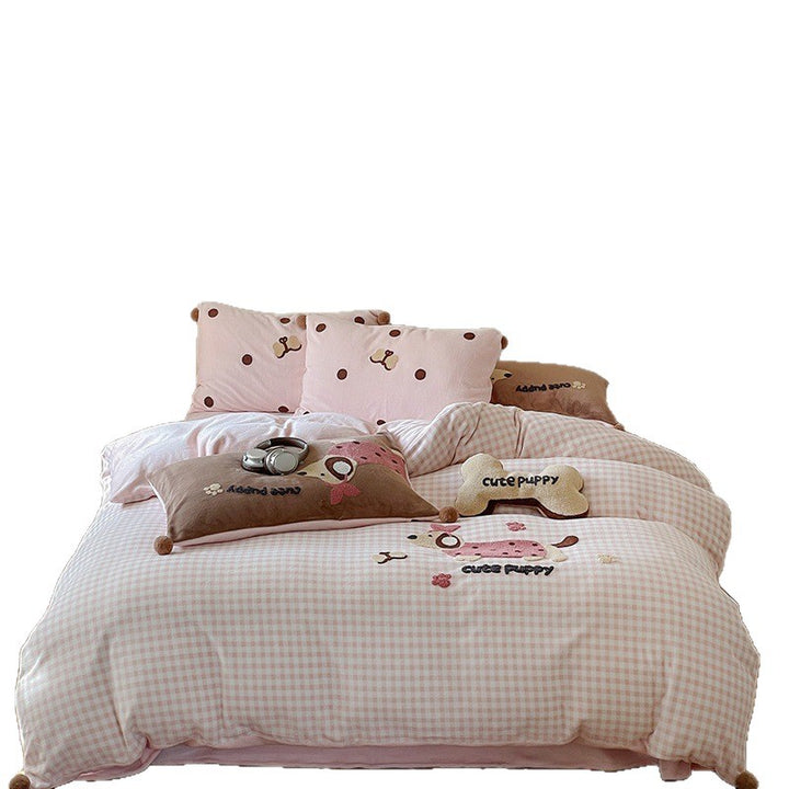 Embroidered Gingham Puppy Duvet Cover Bedding Set with Plush Accent Pillows