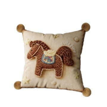 Embroidered Pony Pom-Pom Accent Throw Pillow Cover with Plush Appliqué