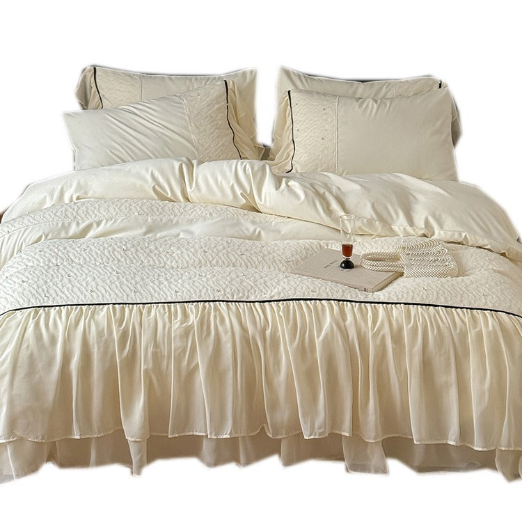Luxuriöses Bettwäscheset mit Chiffon-Rüschen, Steppdecke und Kontrastpaspel