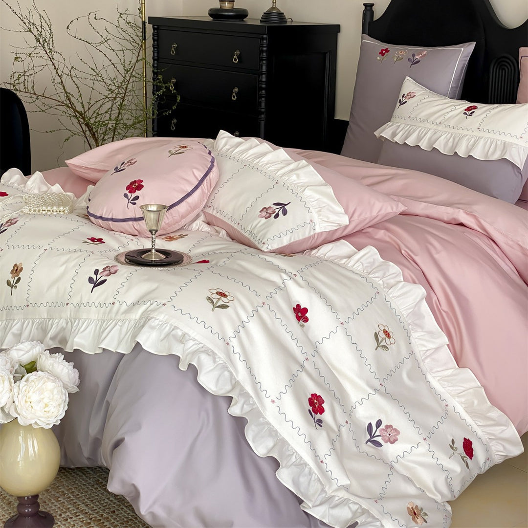 Romantisches Rüsch-Patchwork bestickte Baumwolle Bettwäsche Set