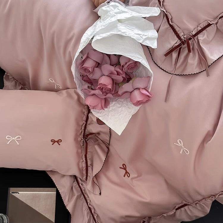 Rüsch Satin-Feel Besticktes Schleifen Bettbezug Set mit Oxford Kissenbezügen