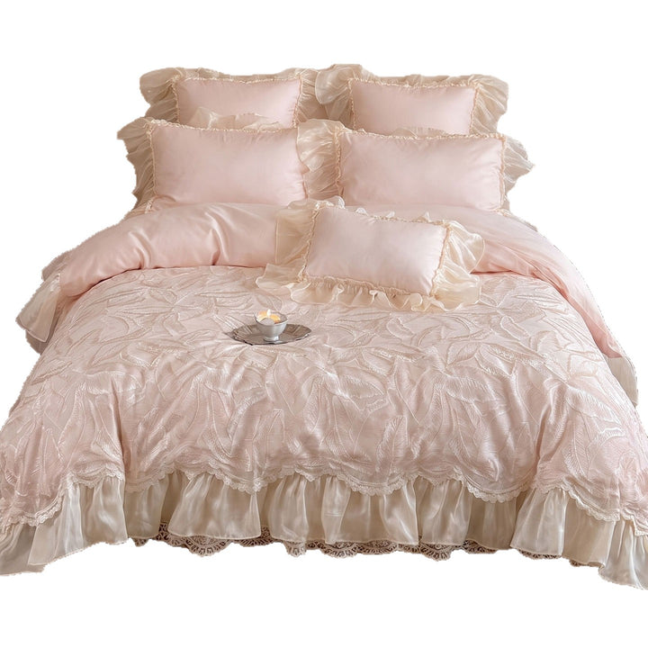 Luxuriöses Rüschensatin-Bettbezug-Set mit organza-besäumtem, besticktem Blätter-Jacquard-Bettüberwurf