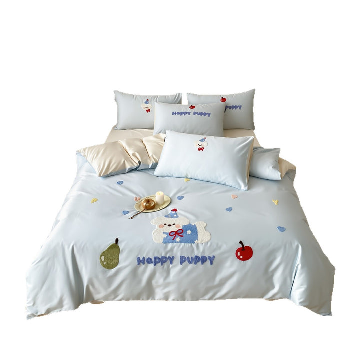 Besticktes Satin-Baumwoll-Bettbezug-Set mit Plüsch-Hundemotiv und Wendekissenbezügen