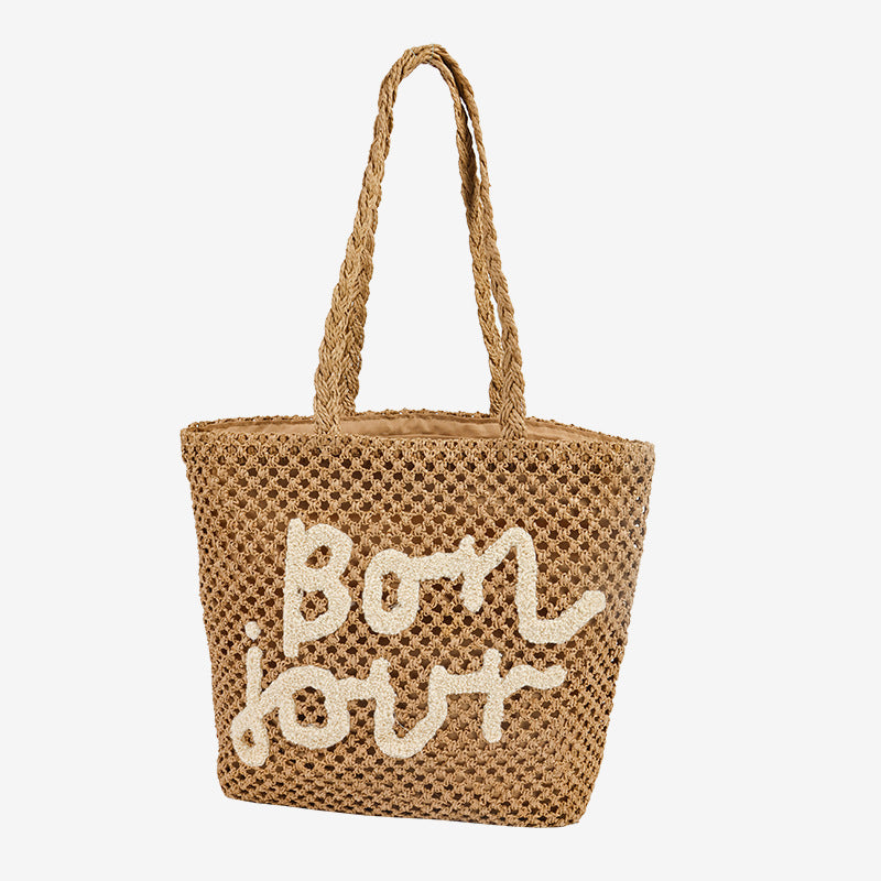 Damen Handgefertigte Strohtasche mit trendy Schriftzug Karnz