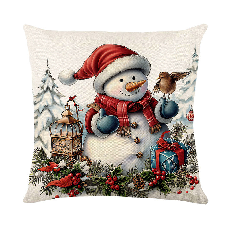Urlaubsfestliche Leinenmischung Quadratische Kissenbezug mit Schneemann und Winterlandschaft Druck