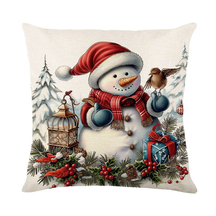 Urlaubsfestliche Leinenmischung Quadratische Kissenbezug mit Schneemann und Winterlandschaft Druck