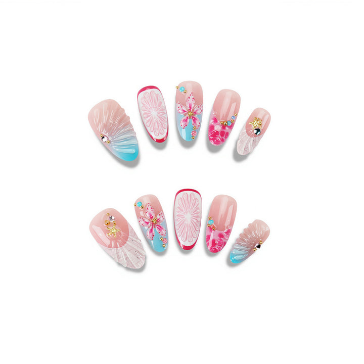 Künstlerisches Blumen Press-On Nagelset mit 3D Akzenten Karnz