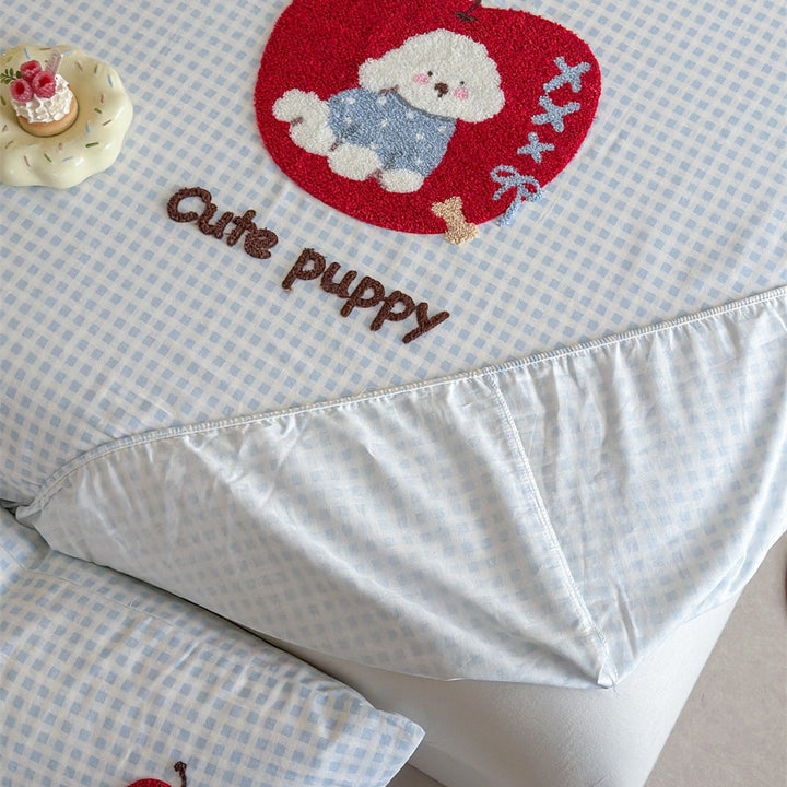 Gingham-Check-Baumwoll-Spannbettlaken und Kissenbezug Bettwaren-Set mit gesticktem Teddy