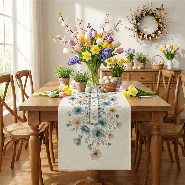 Dekorativer Leinenmischstoff-Tischläufer mit Aquarellblumen-Cascade und geometrischer Bordüre