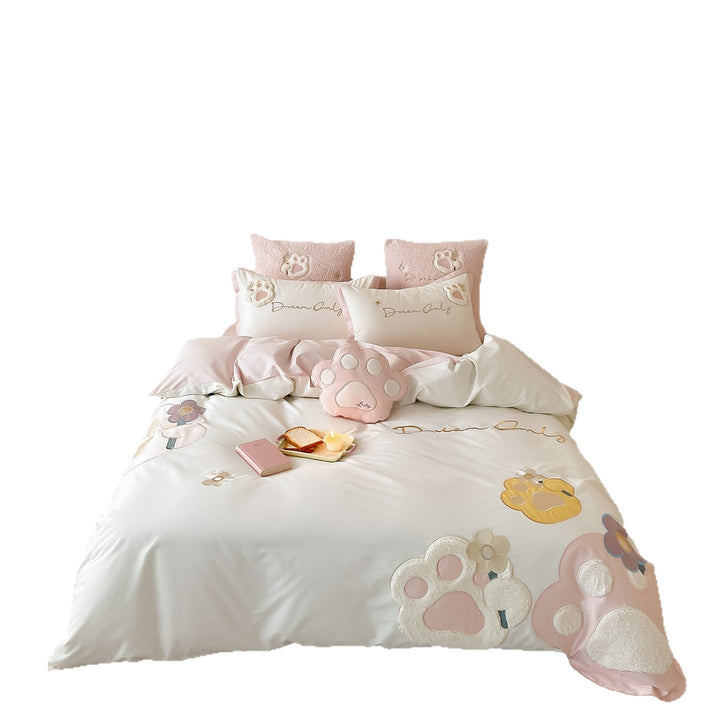 Plüsch-Pfoten-Applikation Baumwollsatin Bettbezug Set