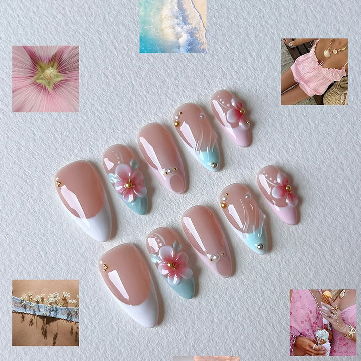 Kunstnagelset mit romantischen Blütenmotiven und eleganten Akzenten Karnz