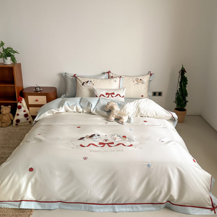 Satin-Bettwäsche-Set mit besticktem Schaukelpferd-Motiv