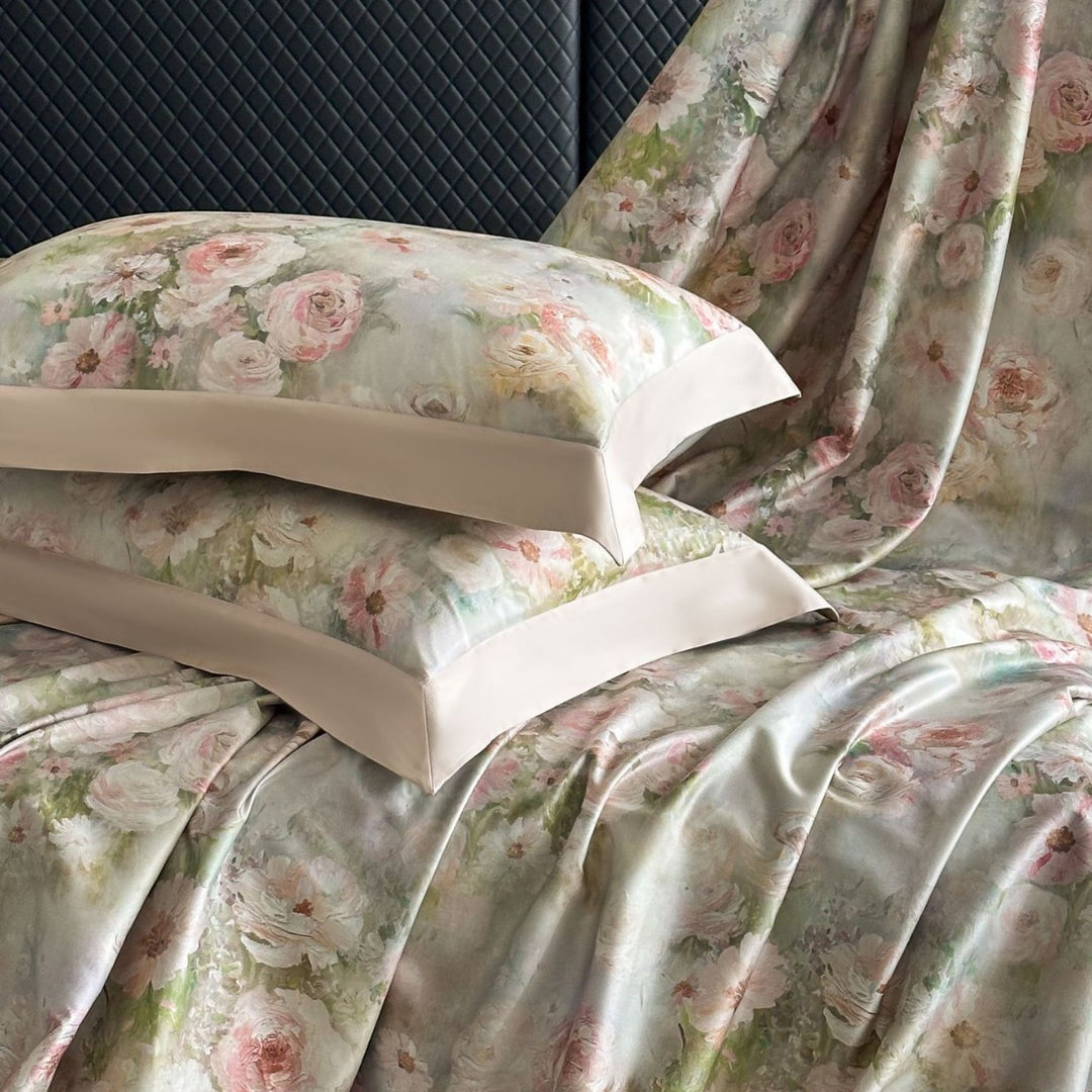 Premium-Baumwoll-Satin-Bettwäschegarnitur mit detailliertem Botanischem Toile-Motiv und Satinbordüre